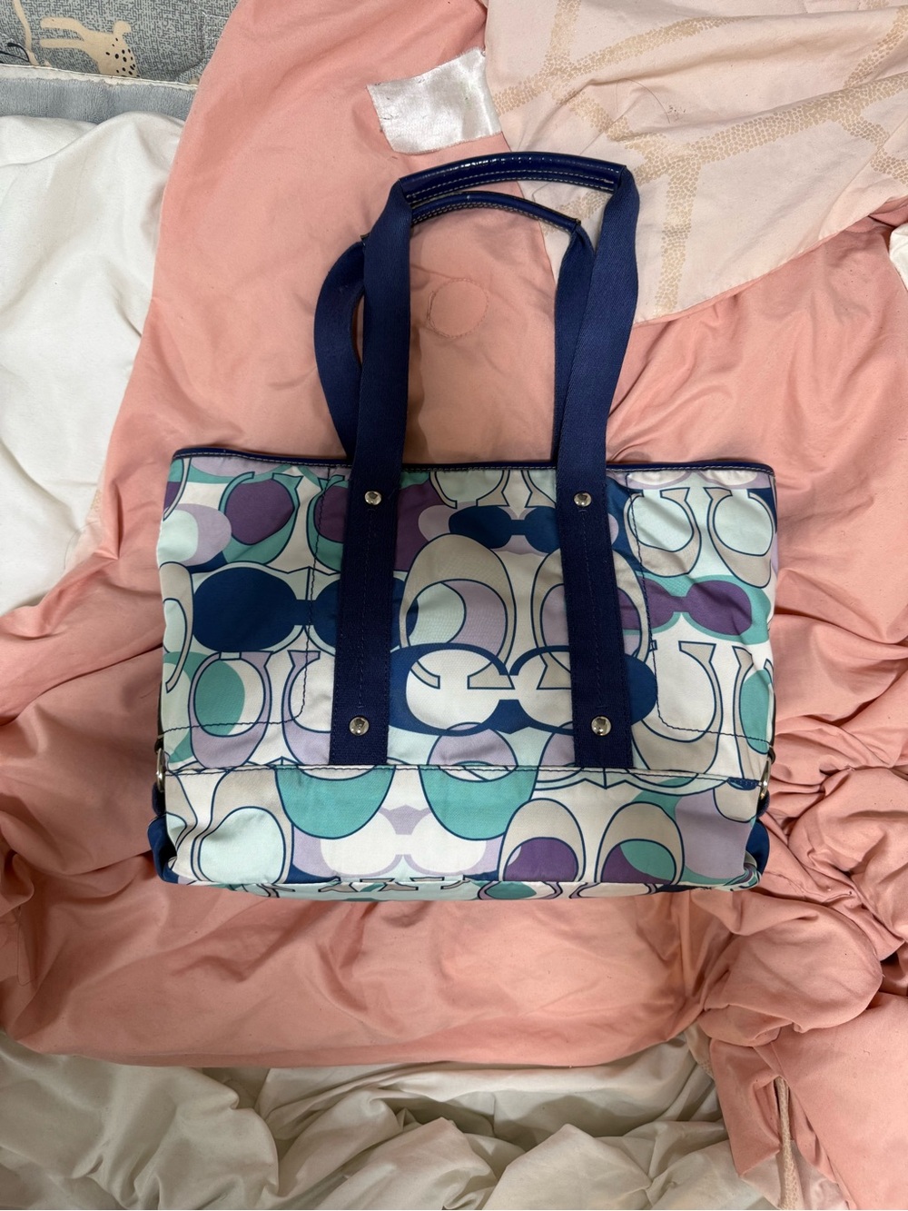 Coach Tote Bag in Navy, Teal & Purple Signature Print
